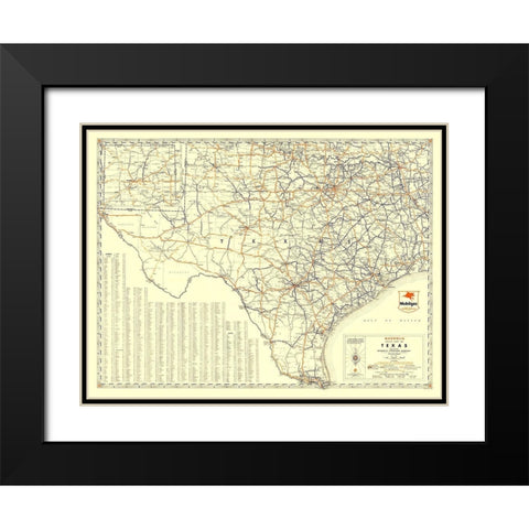 Texas Road Map from Magnolia Petro 1933 Black Modern Wood Framed Art Print with Double Matting by General Drafting