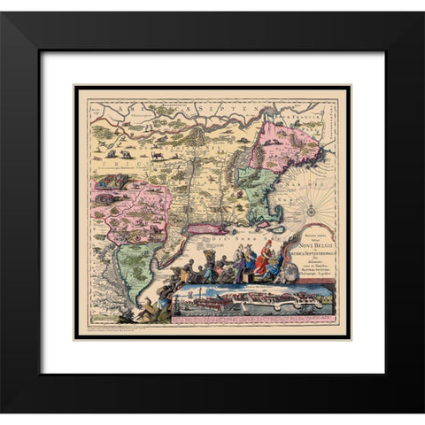 Novi Belgii In America Septentrionali Black Modern Wood Framed Art Print with Double Matting by Seutter