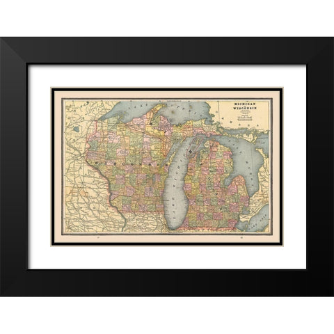 Michigan, Wisconsin - Cram 1888 Black Modern Wood Framed Art Print with Double Matting by Cram
