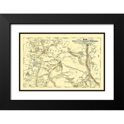 Oregon and Washington Proposed Railroad Route 1855 Black Modern Wood Framed Art Print with Double Matting by Disturnell