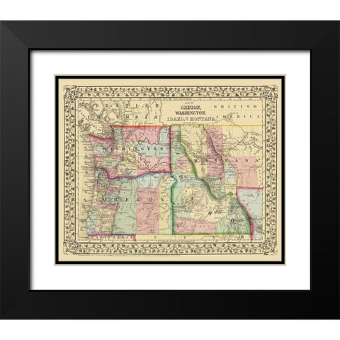 Oregon, Washington, Idaho, Montana - Mitchell 1870 Black Modern Wood Framed Art Print with Double Matting by Mitchell