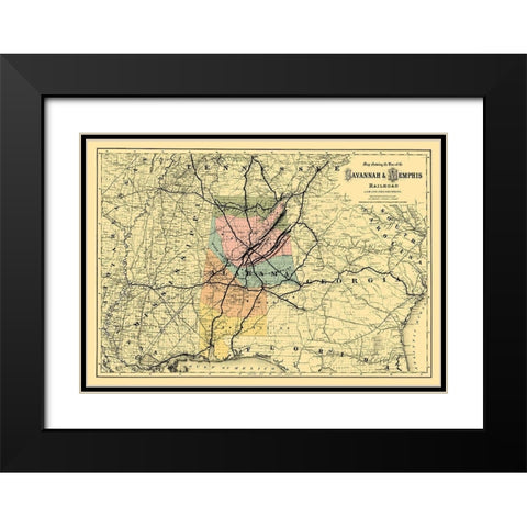 Savannah and Memphis Railroad - Colton 1872 Black Modern Wood Framed Art Print with Double Matting by Colton