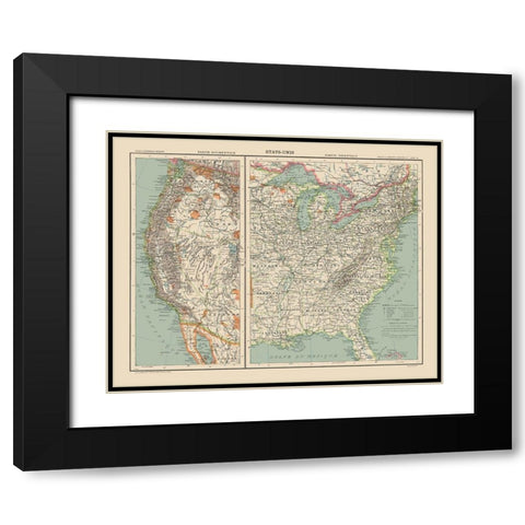 West and East United States - Schrader 1908 Black Modern Wood Framed Art Print with Double Matting by Schrader