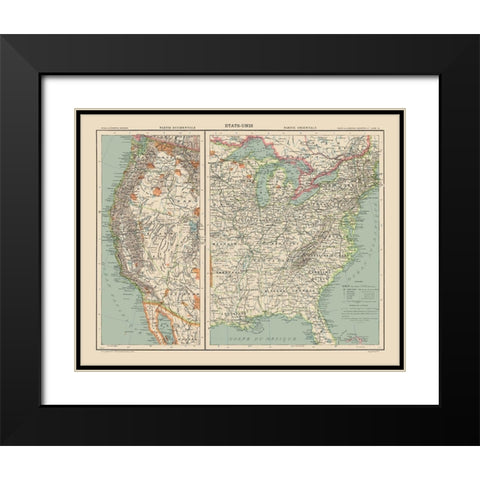 West and East United States - Schrader 1908 Black Modern Wood Framed Art Print with Double Matting by Schrader