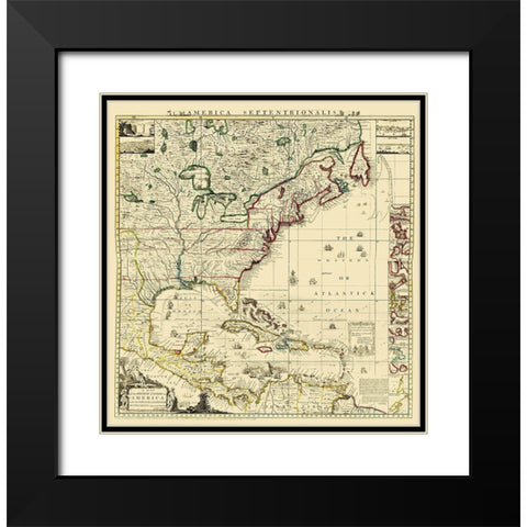 Amerique Septentrionale - Popple 1733 Black Modern Wood Framed Art Print with Double Matting by Popple