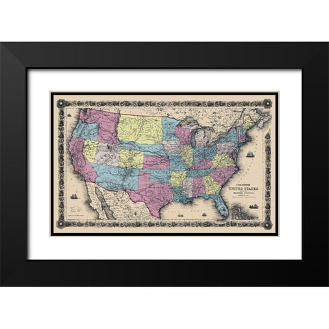 US with Military Stations, Forts - Colton 1861 Black Modern Wood Framed Art Print with Double Matting by Colton