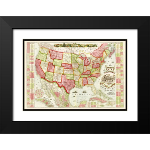 American Union Railroads - Haasis 1866 Black Modern Wood Framed Art Print with Double Matting by Haasis
