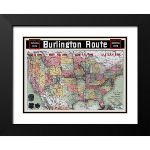 Burlington Railroad Route - Rand McNally 1892 Black Modern Wood Framed Art Print with Double Matting by Rand McNally
