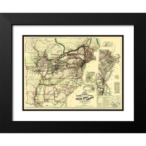 Railroads, Telegraph, Express in US, Canada 1867 Black Modern Wood Framed Art Print with Double Matting by Lloyd