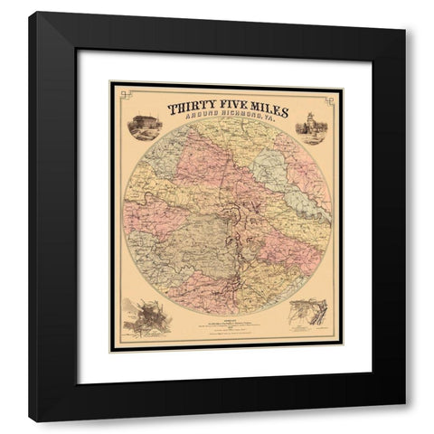 Richmond Virginia 35 Miles Around - Bohn 1867 Black Modern Wood Framed Art Print with Double Matting by Bohn