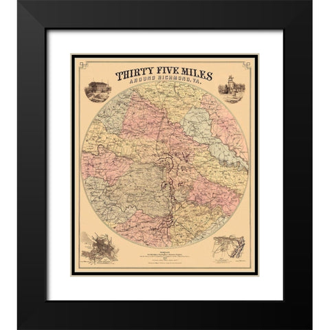 Richmond Virginia 35 Miles Around - Bohn 1867 Black Modern Wood Framed Art Print with Double Matting by Bohn