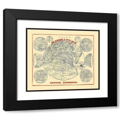 150 Miles Around Richmond Virginia - Magnus 1864 Black Modern Wood Framed Art Print with Double Matting by Magnus
