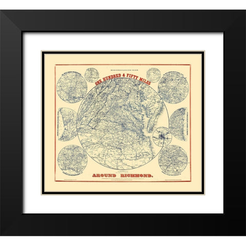 150 Miles Around Richmond Virginia - Magnus 1864 Black Modern Wood Framed Art Print with Double Matting by Magnus