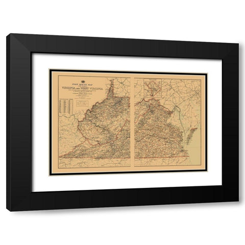 Virginia, West Virginia Postal Routes - USPS 1896 Black Modern Wood Framed Art Print with Double Matting by USPS