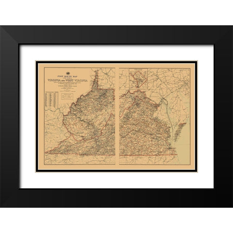 Virginia, West Virginia Postal Routes - USPS 1896 Black Modern Wood Framed Art Print with Double Matting by USPS
