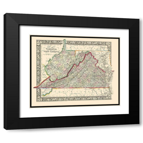 Virginia, West Virginia Counties - Mitchell 1863 Black Modern Wood Framed Art Print with Double Matting by Mitchell