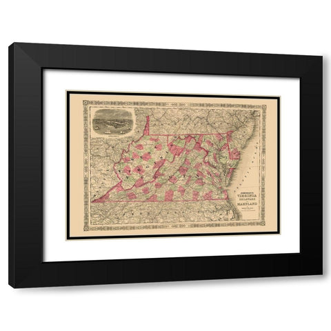 Virginia, Maryland, Delaware - Johnson 1864 Black Modern Wood Framed Art Print with Double Matting by Johnson