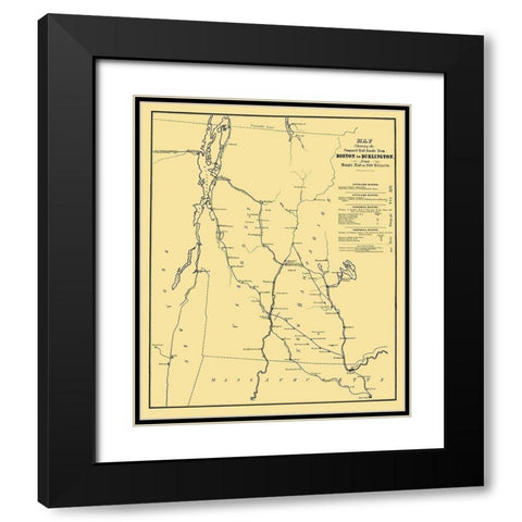 Boston to Burlington Proposed Railroad 1844 Black Modern Wood Framed Art Print with Double Matting by Bufford