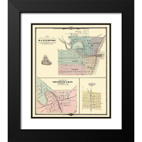 Manitowoc, Sheboygan Falls Wisconsin - Snyder 1878 Black Modern Wood Framed Art Print with Double Matting by Snyder