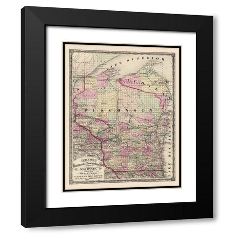 Wisconsin Railroads and Townships - Cram 1875 Black Modern Wood Framed Art Print with Double Matting by Cram
