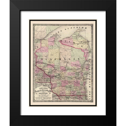 Wisconsin Railroads and Townships - Cram 1875 Black Modern Wood Framed Art Print with Double Matting by Cram