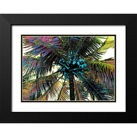 Neon Palm Rainbow Black Modern Wood Framed Art Print with Double Matting by Simons