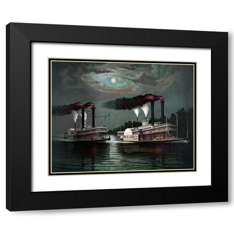 Race of the steamers Robert. E. Lee and Natchez on the Mississippi Black Modern Wood Framed Art Print with Double Matting by Donaldson