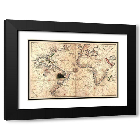 Portolan World Map Black Modern Wood Framed Art Print with Double Matting by Oliva, Joan