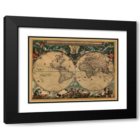 New and Accurate Map of the World Black Modern Wood Framed Art Print with Double Matting by Blaeu, Johannes