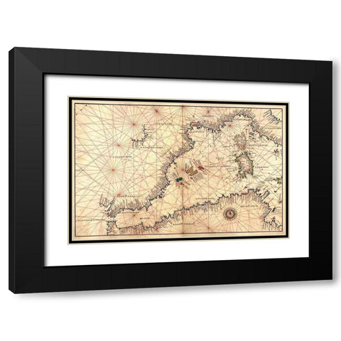 Portolan or Navigational Map of the Western Mediterranean from Gibraltar to Piedmont and Sardinia Black Modern Wood Framed Art Print with Double Matting by Agnese, Battista