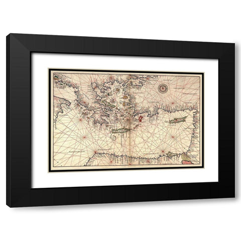 Portolan or Navigational Map of Greece, the Mediterranean and the Levant Black Modern Wood Framed Art Print with Double Matting by Agnese, Battista