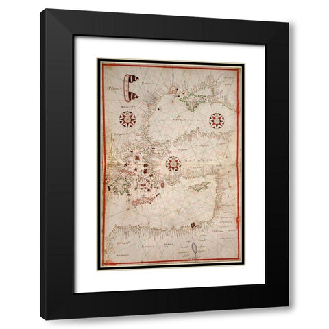 Portolan Map of Turkey, Mediterranean, Adriatic and the Agean Black Modern Wood Framed Art Print with Double Matting by Oliva, Joan