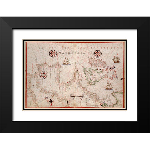 Portolan Map of Spain, England, Ireland and France Black Modern Wood Framed Art Print with Double Matting by Oliva, Joan