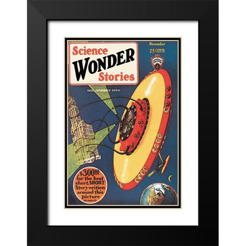 Retrosci-fi: Science Wonder Stories: Invasion of the Landmark Snatchers Black Modern Wood Framed Art Print with Double Matting by Paul, Frank R.