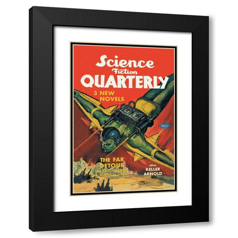 Science Fiction Quarterly: Rocket Man Attacks Black Modern Wood Framed Art Print with Double Matting by Retrosci-fi
