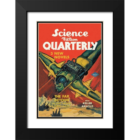 Science Fiction Quarterly: Rocket Man Attacks Black Modern Wood Framed Art Print with Double Matting by Retrosci-fi