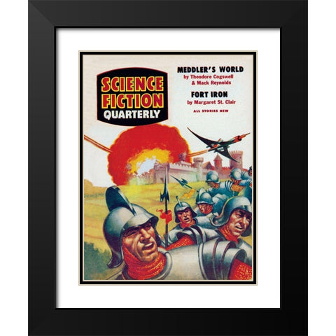 Science Fiction Quarterly: Spaceship Attack on Medieval Fortress Black Modern Wood Framed Art Print with Double Matting by Retrosci-fi