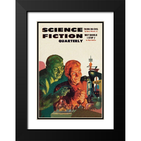 Science Fiction Quarterly: Diabolical Scheming Black Modern Wood Framed Art Print with Double Matting by Retrosci-fi