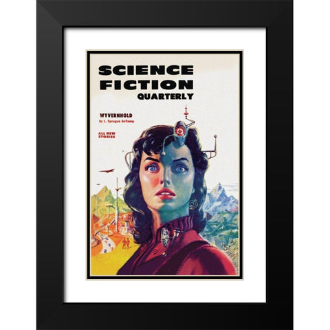 Science Fiction Quarterly: Woman with Forehead Transmitter Black Modern Wood Framed Art Print with Double Matting by Retrosci-fi