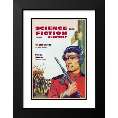 Science Fiction Quarterly: Astronaut Sizes up the Aliens Black Modern Wood Framed Art Print with Double Matting by Retrosci-fi