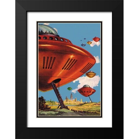 Spaceships at Angkor Wat Black Modern Wood Framed Art Print with Double Matting by Retrosci-fi