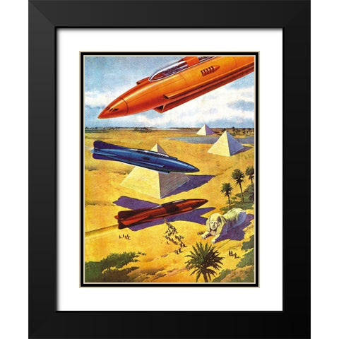 Spaceships in Ancient Egypt Black Modern Wood Framed Art Print with Double Matting by Retrosci-fi