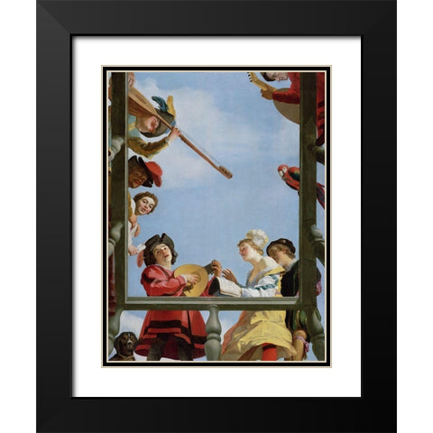 Musical Group on a Balcony Black Modern Wood Framed Art Print with Double Matting by van Honthorst, Gerrit
