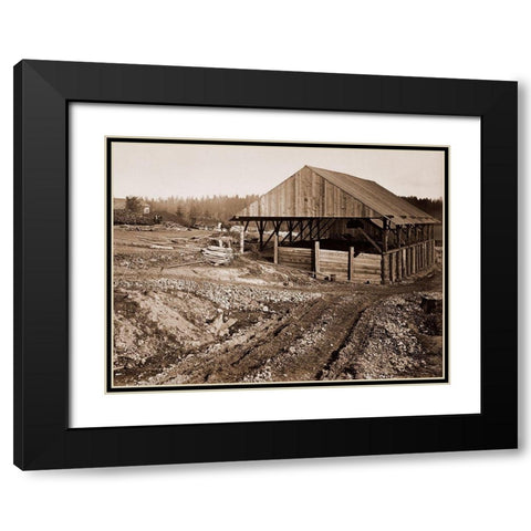 Oswego Iron Works, Willamette River, Oregon, 1867 Black Modern Wood Framed Art Print with Double Matting by Watkins, Carleton