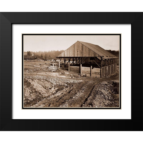 Oswego Iron Works, Willamette River, Oregon, 1867 Black Modern Wood Framed Art Print with Double Matting by Watkins, Carleton