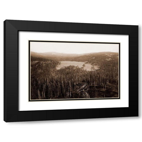 Dams and Lake, Nevada County, California, Distant View, about 1871 Black Modern Wood Framed Art Print with Double Matting by Watkins, Carleton