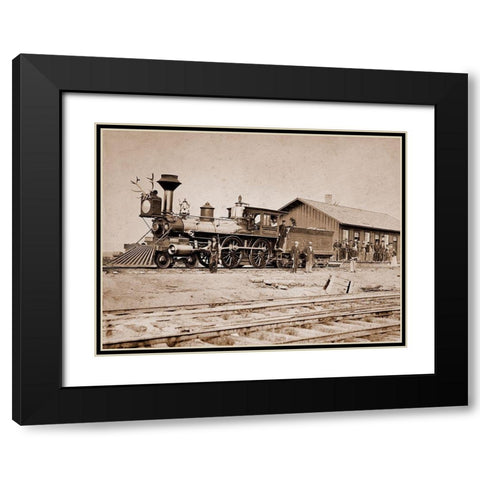 Wyoming Station, Engine 23 on Main Track, May 1868 Black Modern Wood Framed Art Print with Double Matting by Russell, A.J.