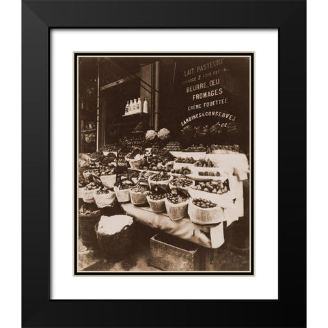 Rue Sainte-Opportune - Produce Display, rue Sainte-Opportune. Sepia Black Modern Wood Framed Art Print with Double Matting by Atget, Eugene