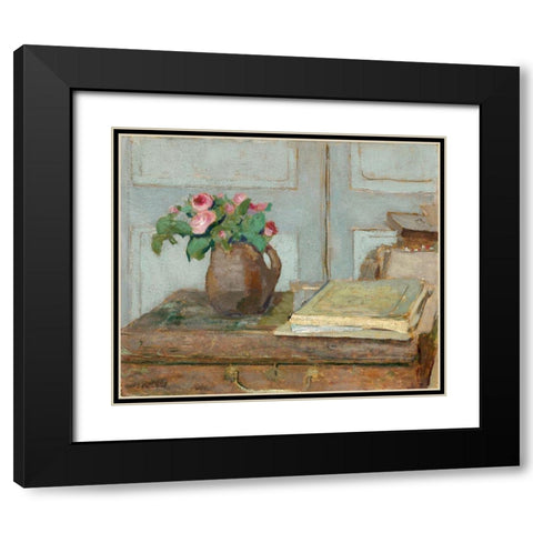 The Artists Paint Box and Moss Roses, 1898 Black Modern Wood Framed Art Print with Double Matting by Vuillard, Edouard