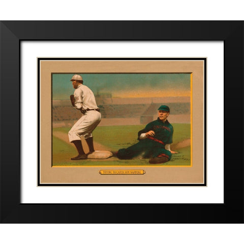 Trying to Catch Him Napping, Baseball Card Black Modern Wood Framed Art Print with Double Matting by American Tobacco Company